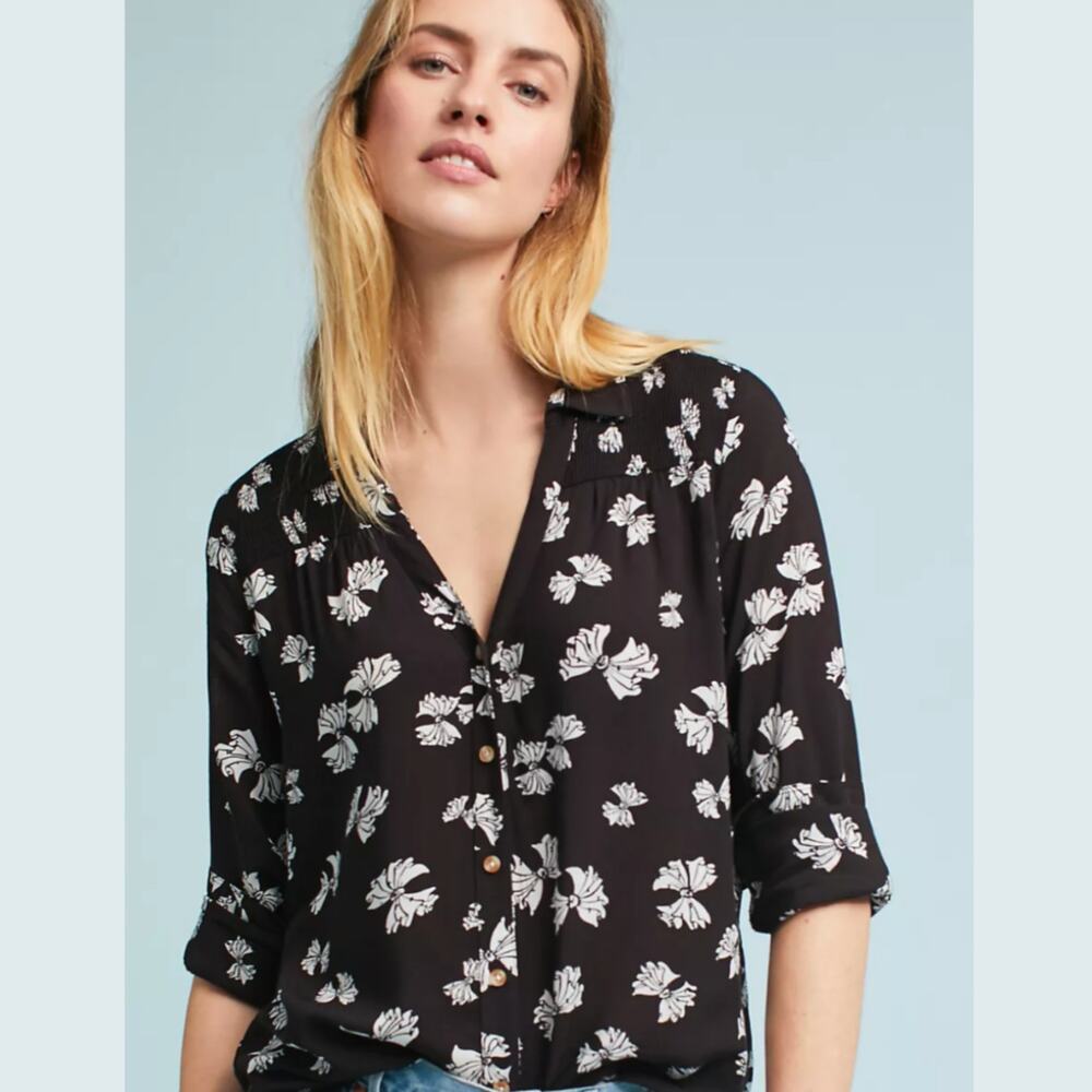 Maeve Anthropologie Emory Bow Print Blouse Black White Button Down Top Size 0